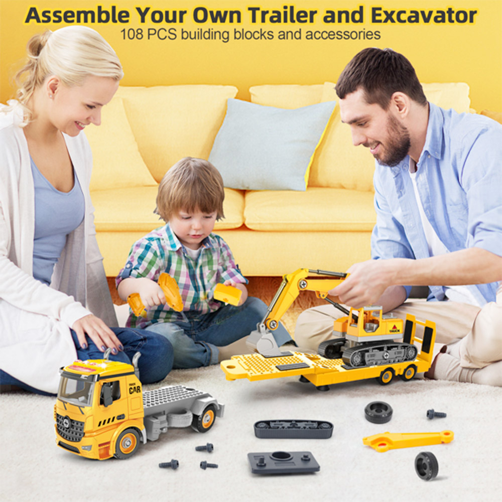 Building Construction Trailer Truck & Excavator Toys for 3 4 5 6 Years Old Toddlers Kids, 108PCS Building Block Toy Set