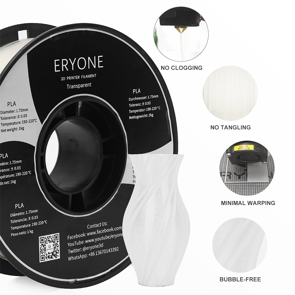 ERYONE PLA Filament for 3D Printer 1.75mm Tolerance 0.03mm 1kg (2.2LBS)/Spool - Transparent