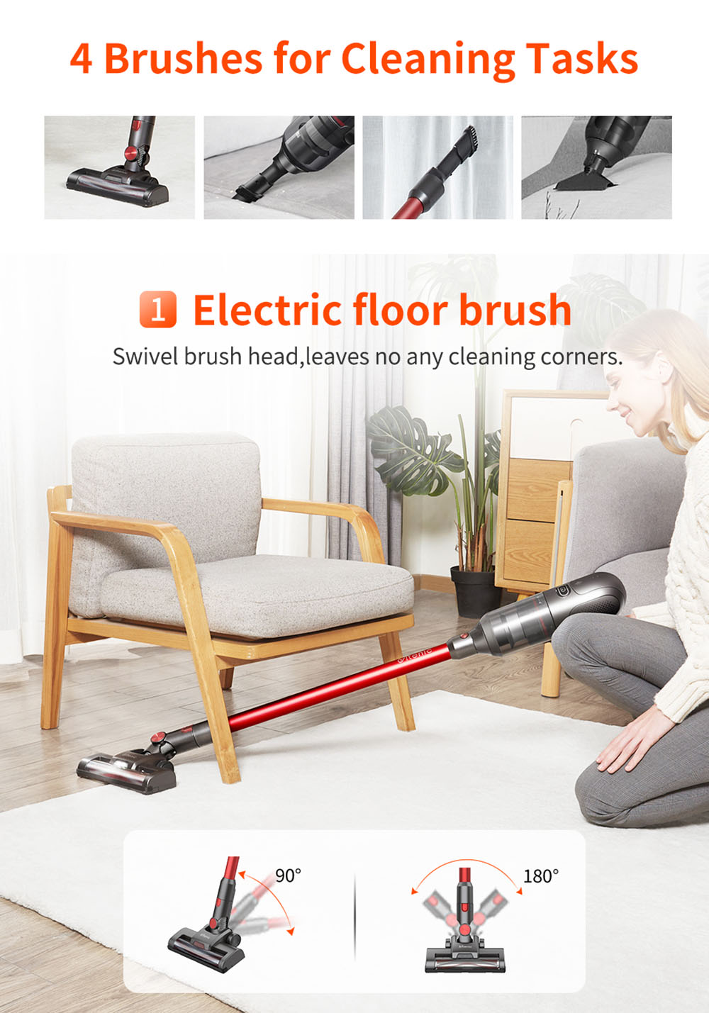 Ultenic U10 Cordless Vacuum Cleaner 25Kpa Suction 2200mAh Battery 35Mins Runtime Intelligent Dust Sensor Removable Battery with LED Lamp - Red