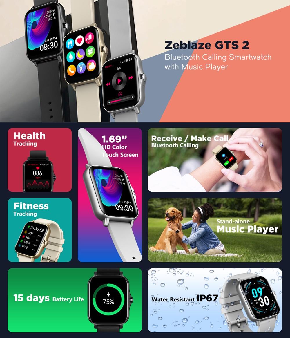 Zeblaze GTS 2 1.69 Inch Bluetooth Calling Receive/Make Call Music Player Blood Pressure Smart watch Gold