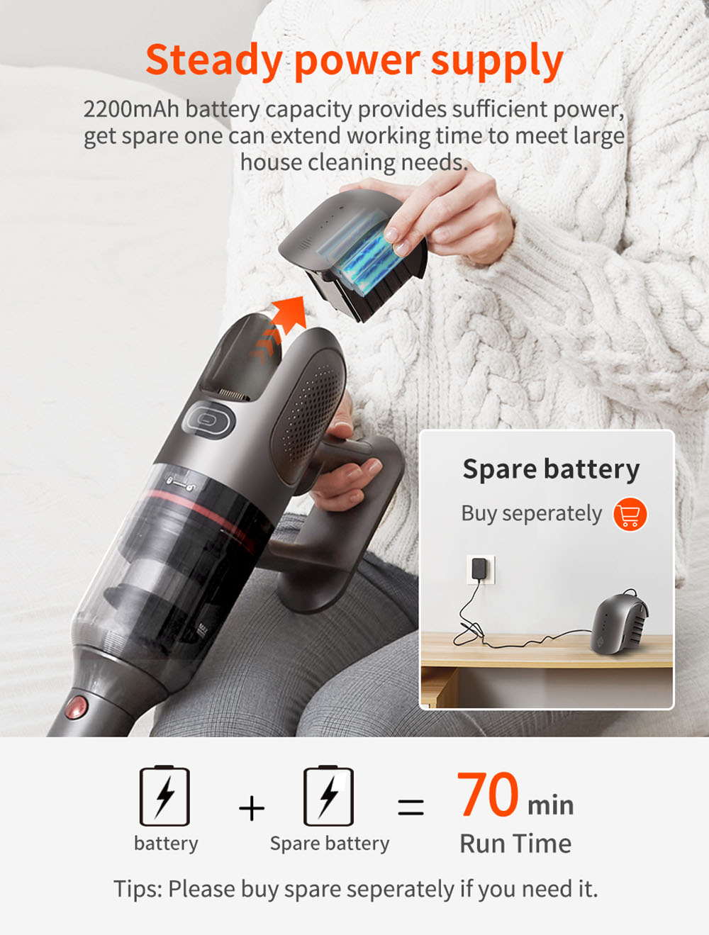 Ultenic U10 Cordless Vacuum Cleaner 25Kpa Suction 2200mAh Battery 35Mins Runtime Intelligent Dust Sensor Removable Battery with LED Lamp - Red