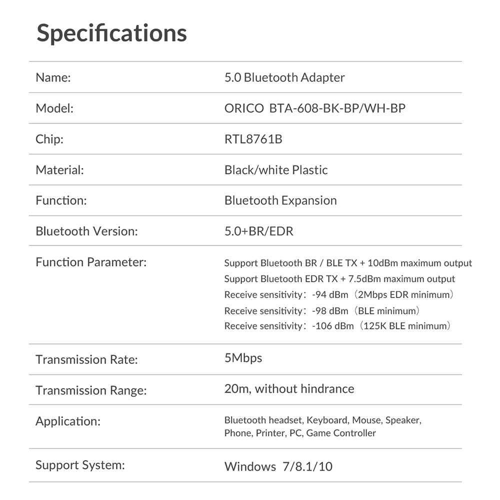 ORICO BTA-608 Computer USB Dongle 5.0 Adapter White