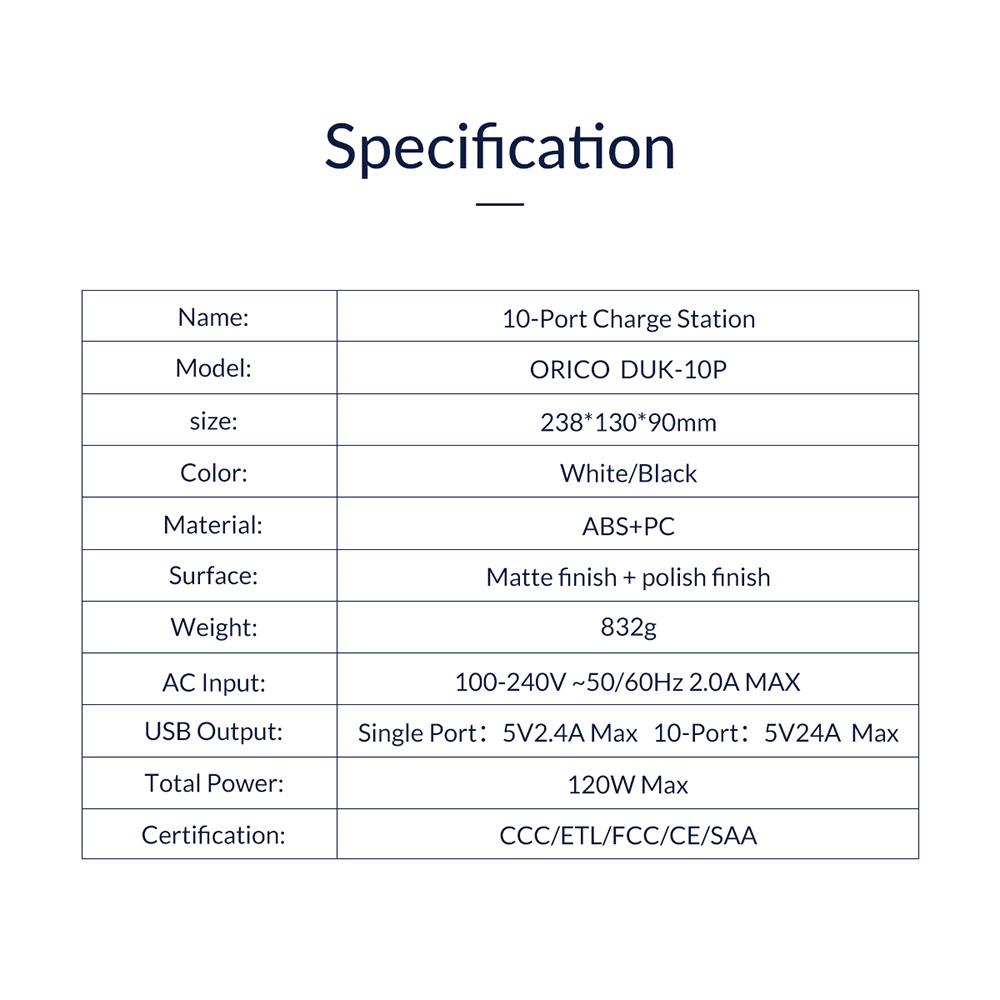 ORICO DUK-10P-US-BK 120W 10 Port USB Smart Desktop Charging Station with Phone & Tablet Stand White