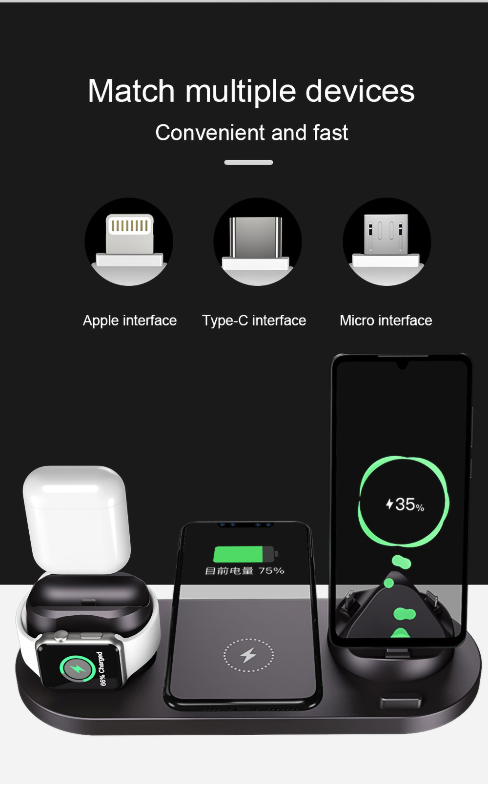 6 in 1 Wireless Charger Mobile Phone Wireless Charging Bracket Earphone Fast Charging - Pink