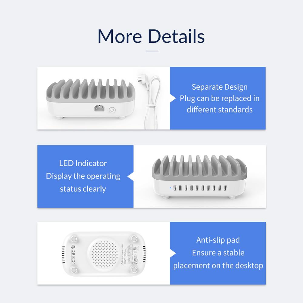 ORICO DUK-10P-US-BK 120W 10 Port USB Smart Desktop Charging Station with Phone & Tablet Stand White