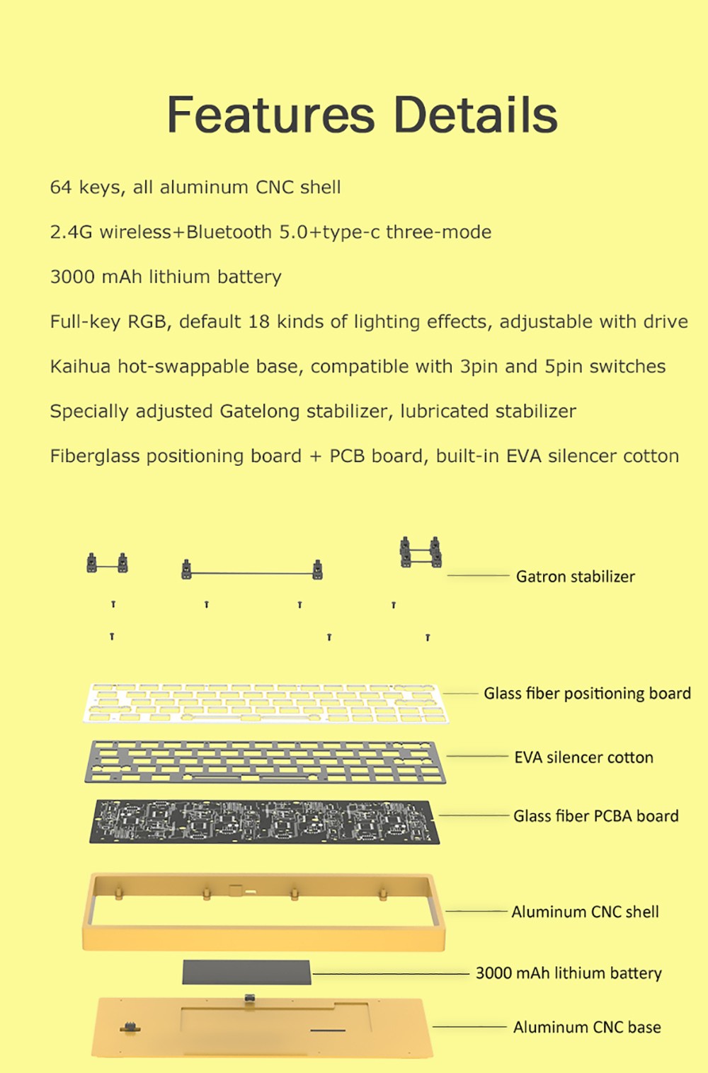 AJAZZ AC064 RGB Mechanical Keyboard Customized Banana Switch Full 64 Key Anti-Ghosting NKRO for Gaming Windows PC