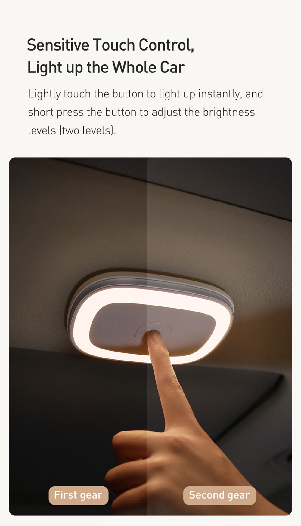 Baseus LED Night Light Car Touch Roof Light Ceiling Magnet Lamp Automobile Interior Light USB Rechargeable - Black