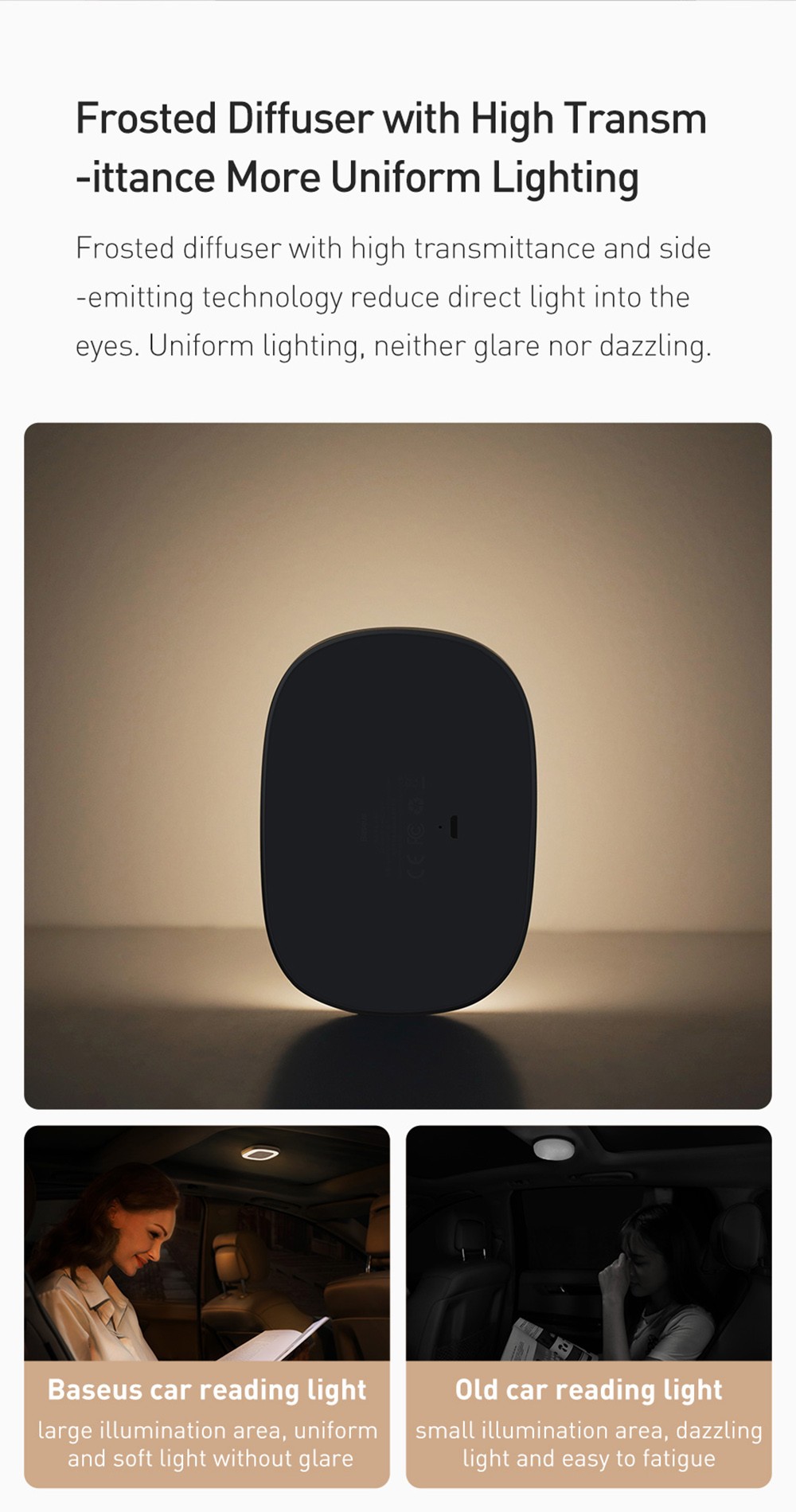 Baseus LED Night Light Car Touch Roof Light Ceiling Magnet Lamp Automobile Interior Light USB Rechargeable - Black