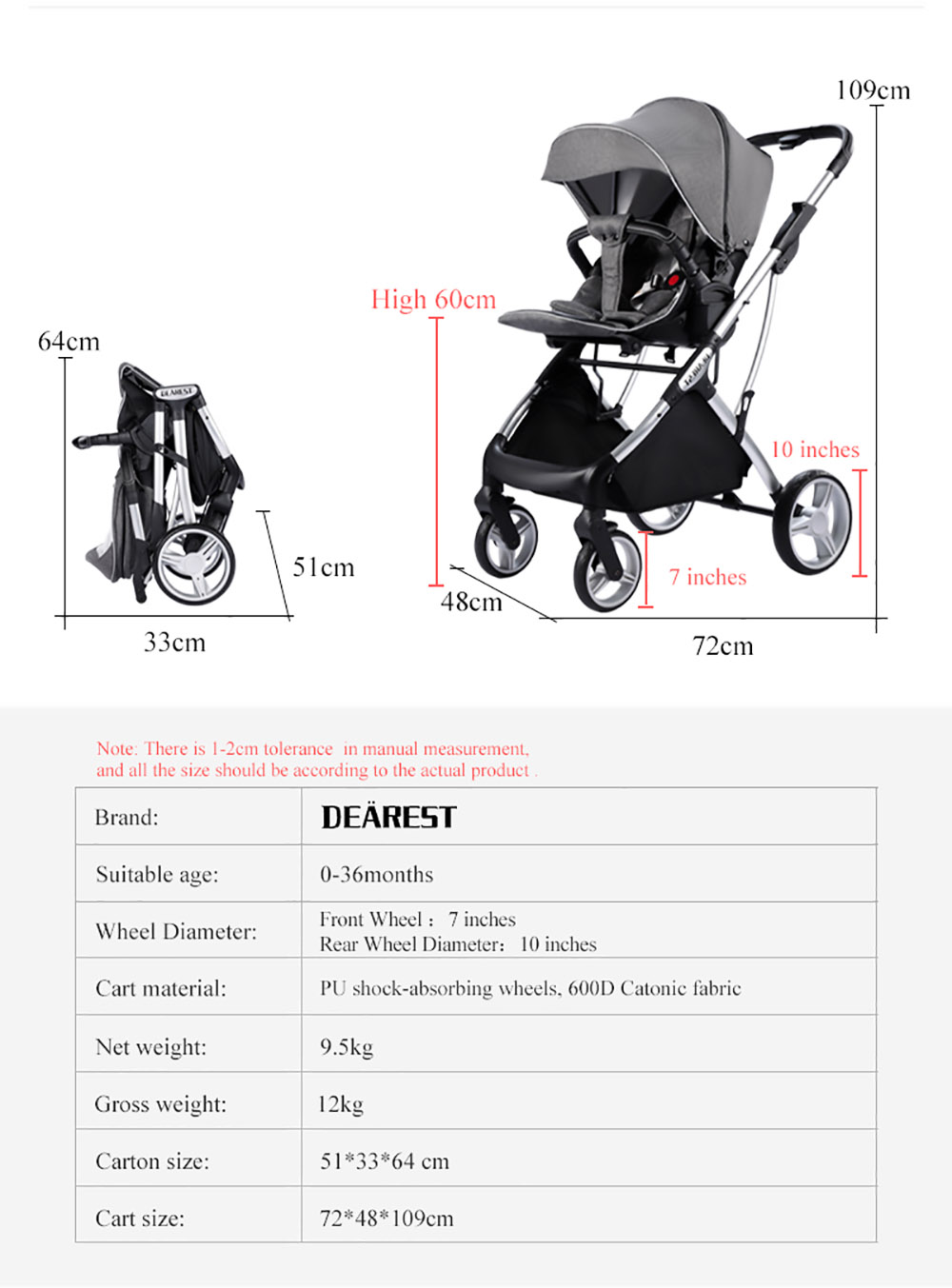 Dearest 1108 Baby Stroller 3 in 1 Infant Car Seat Carrier Infant Bassinet Toddler Stroller Spine Care One-Piece Seat