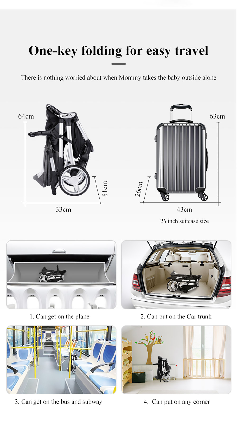 Dearest 1108 Baby Stroller 3 in 1 Infant Car Seat Carrier Infant Bassinet Toddler Stroller Spine Care One-Piece Seat