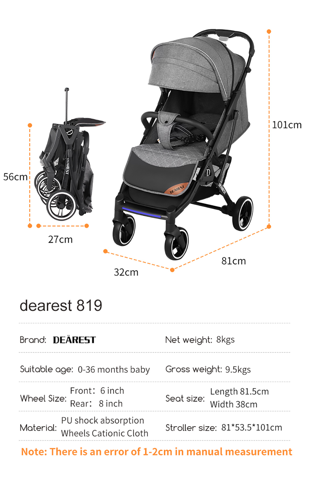 Dearest 819 Baby Infant Stroller with Reversible Seat Breastfeeding Mode Infant Bassinet with Mosquito Repellent Light