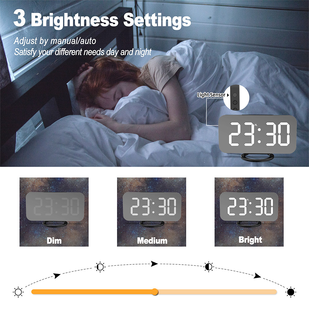 Digital LED Clock Large Display Mirror Surface for Makeup with Dimming Mode 3 Levels Brightness Dual USB Ports - Black