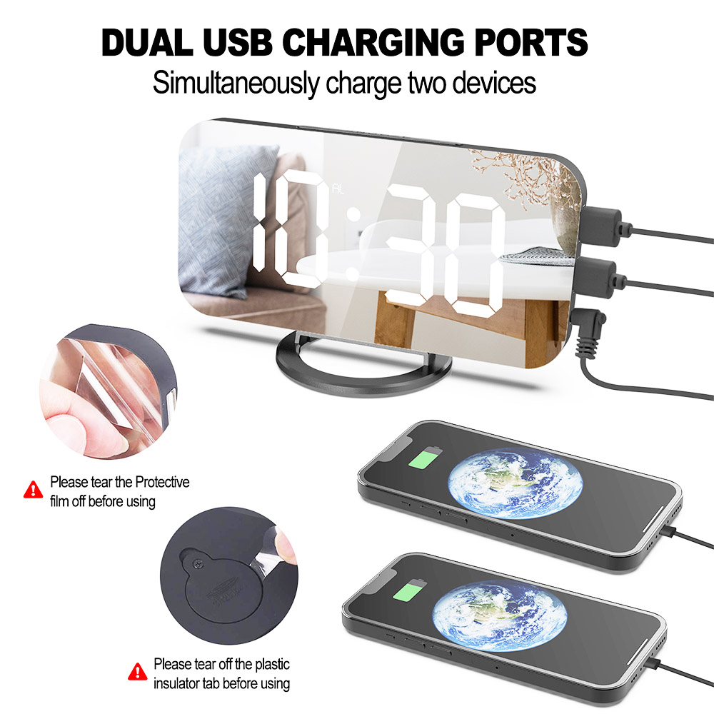 Digital LED Clock Large Display Mirror Surface for Makeup with Dimming Mode 3 Levels Brightness Dual USB Ports - Black