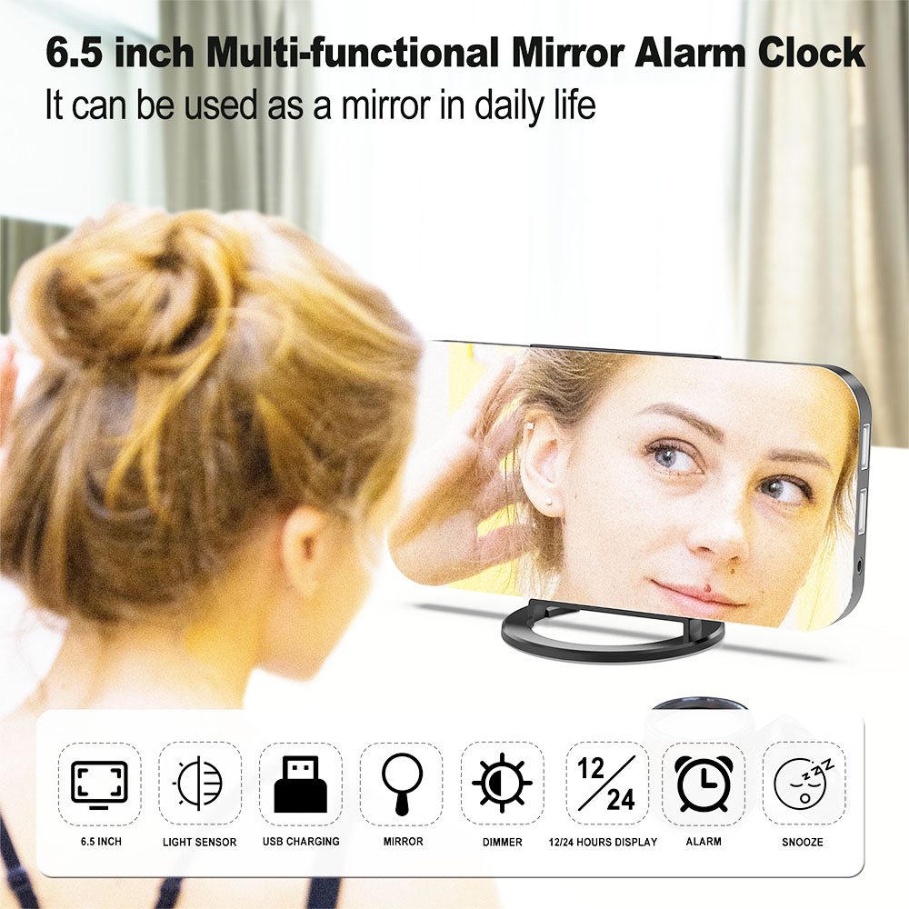 Digital LED Clock Large Display Mirror Surface for Makeup with Dimming Mode 3 Levels Brightness Dual USB Ports - Black