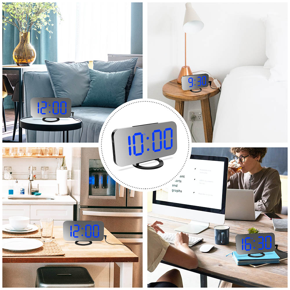 Digital LED Clock Large Display Mirror Surface for Makeup with Dimming Mode 3 Levels Brightness Dual USB Ports - Blue