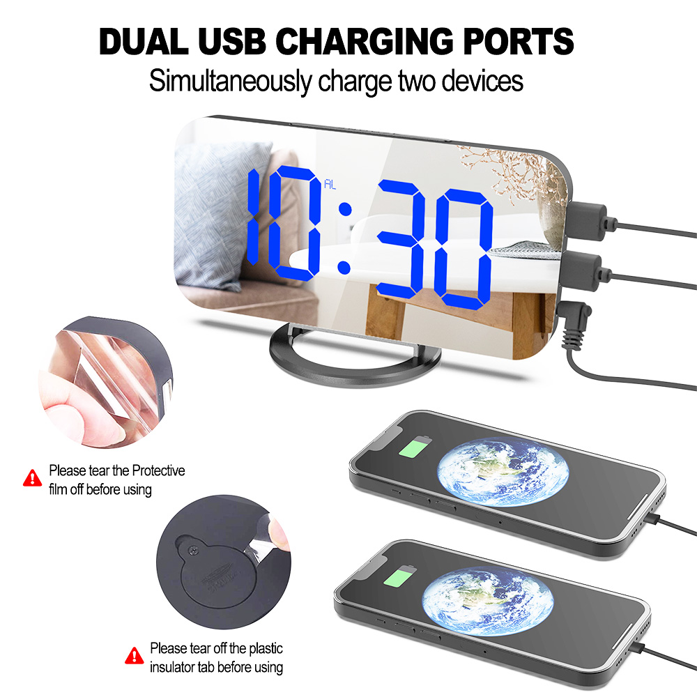 Digital LED Clock Large Display Mirror Surface for Makeup with Dimming Mode 3 Levels Brightness Dual USB Ports - Blue