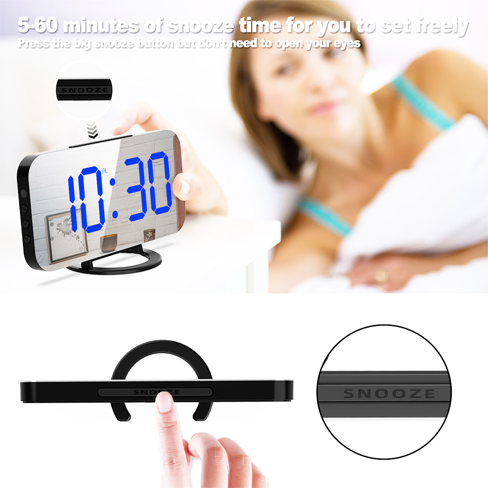 Digital LED Clock Large Display Mirror Surface for Makeup with Dimming Mode 3 Levels Brightness Dual USB Ports - Blue