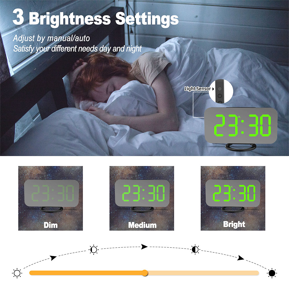 Digital LED Clock Large Display Mirror Surface for Makeup with Dimming Mode 3 Levels Brightness Dual USB Ports - Green