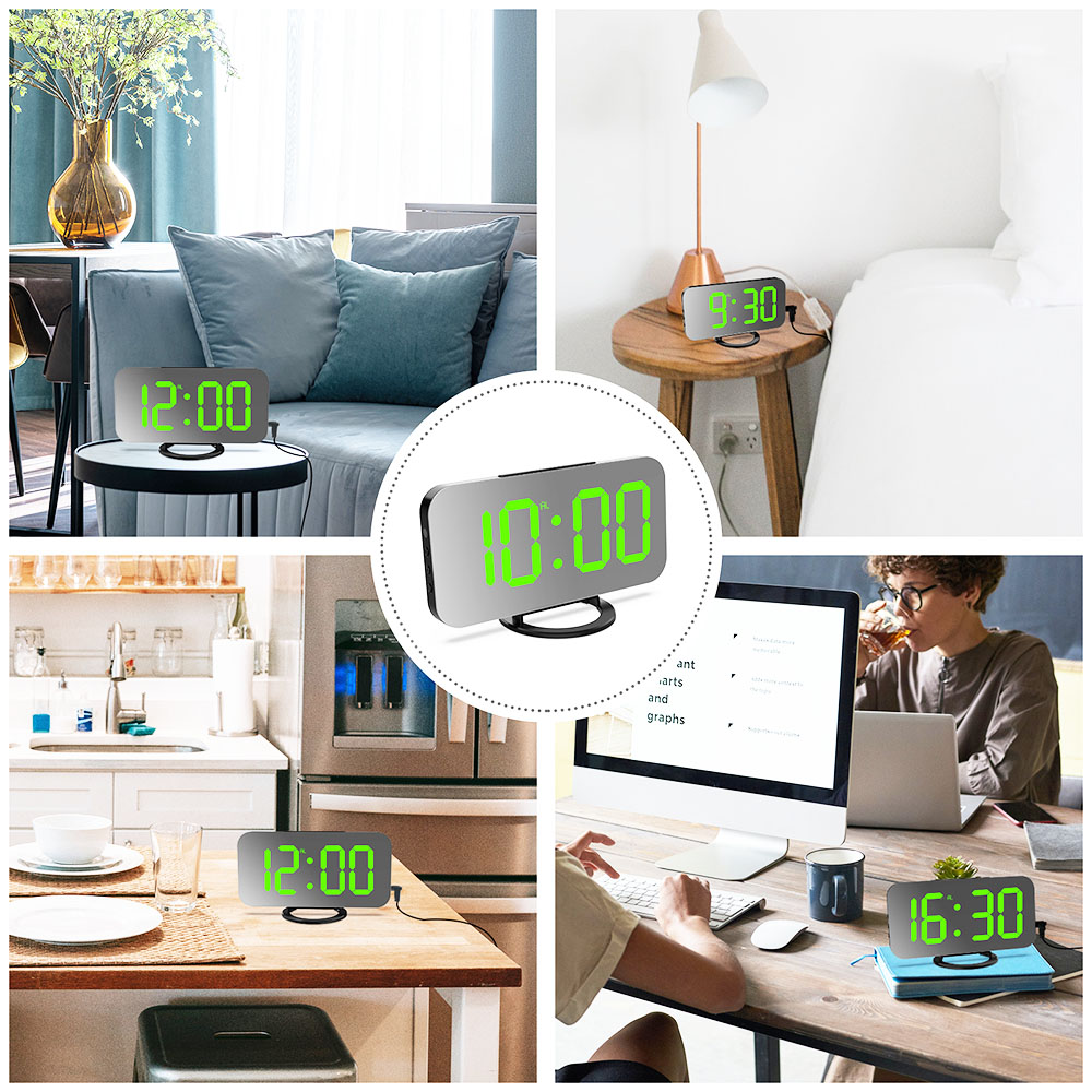 Digital LED Clock Large Display Mirror Surface for Makeup with Dimming Mode 3 Levels Brightness Dual USB Ports - Green