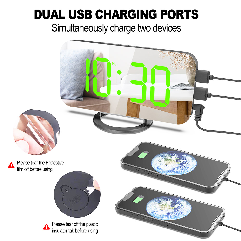 Digital LED Clock Large Display Mirror Surface for Makeup with Dimming Mode 3 Levels Brightness Dual USB Ports - Green