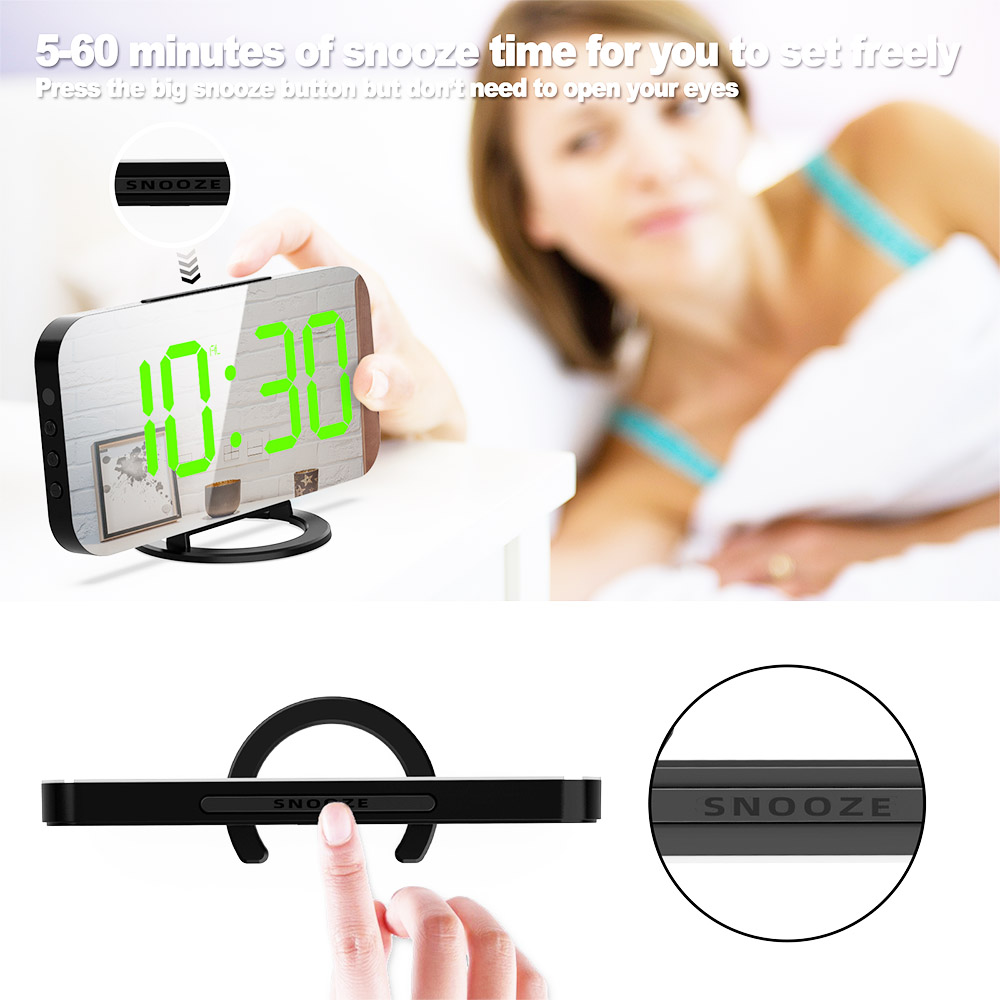 Digital LED Clock Large Display Mirror Surface for Makeup with Dimming Mode 3 Levels Brightness Dual USB Ports - Green