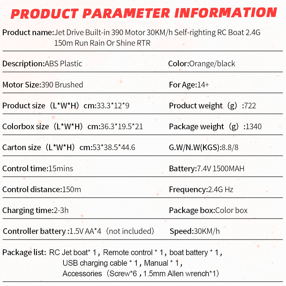 Flytec V009 30KM High Speed RC Jet Boat With Self-righting Feature For Pool and Lakes - Orange
