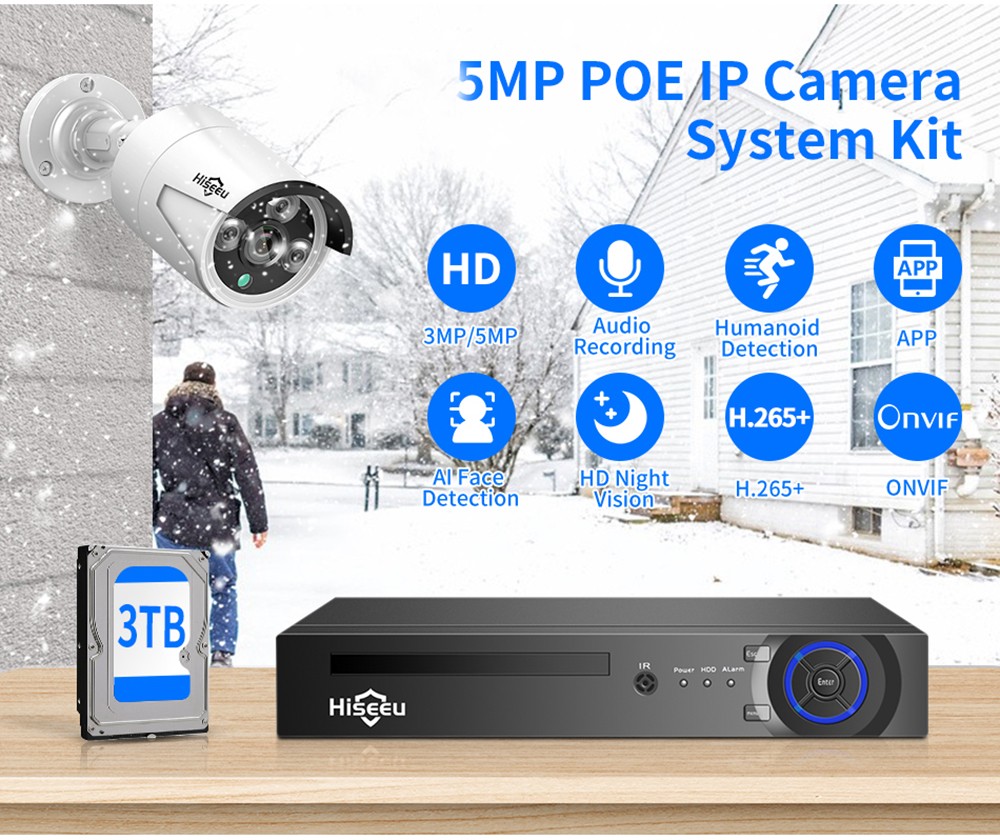 Hiseeu 5MP H.265 8CH POE Security Surveillance Camera System Kit Set AI Face Detection Audio Record IP Home