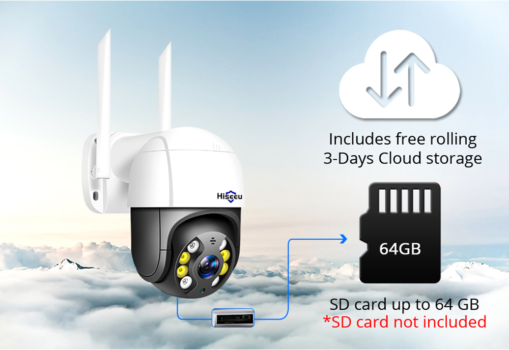 Hiseeu WHD813B 3MP Speed Dome Wireless WIFI Camera 3MP Outdoor 5x Digital Zoom PTZ IP Camera with 64G SD Card