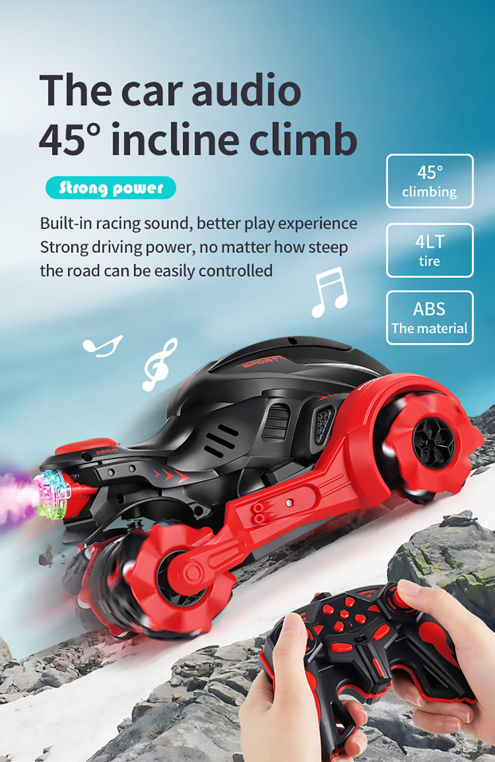 JJRC 829 2.4GHZ 4WD All-Terrain Tire Drift RC Spray Motorcycle with Cool Light & Sound 15km/h - Red