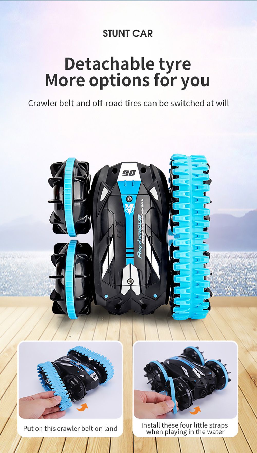 JJRC Q113 1:24 RC Stunt Car 4WD 360 Rotate 2-in-1 Waterproof Water&Land Drift Amphibious Vehicle Models Toy - Blue