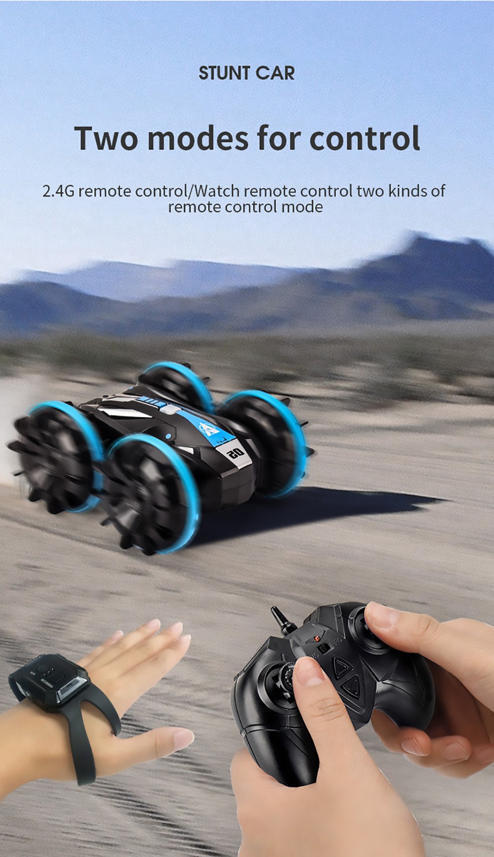 JJRC Q113 1:24 RC Stunt Car 4WD 360 Rotate 2-in-1 Waterproof Water&Land Drift Amphibious Vehicle Models Toy - Blue