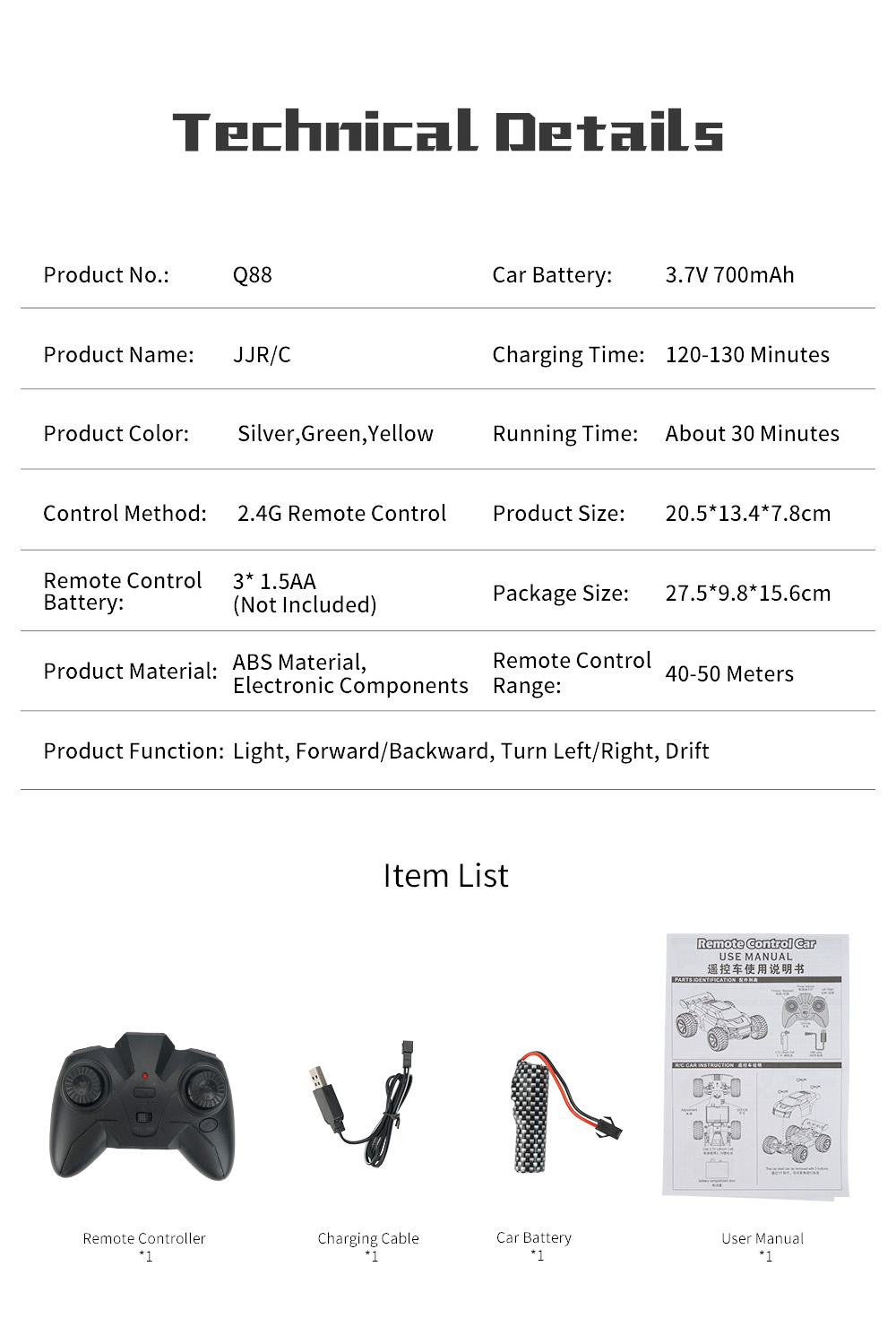 JJRC Q88 2.4G Remote Car 40-50 Distances Control High Speed Off-Road Vehicles Stunt Car Toy Gift for Kids - Green