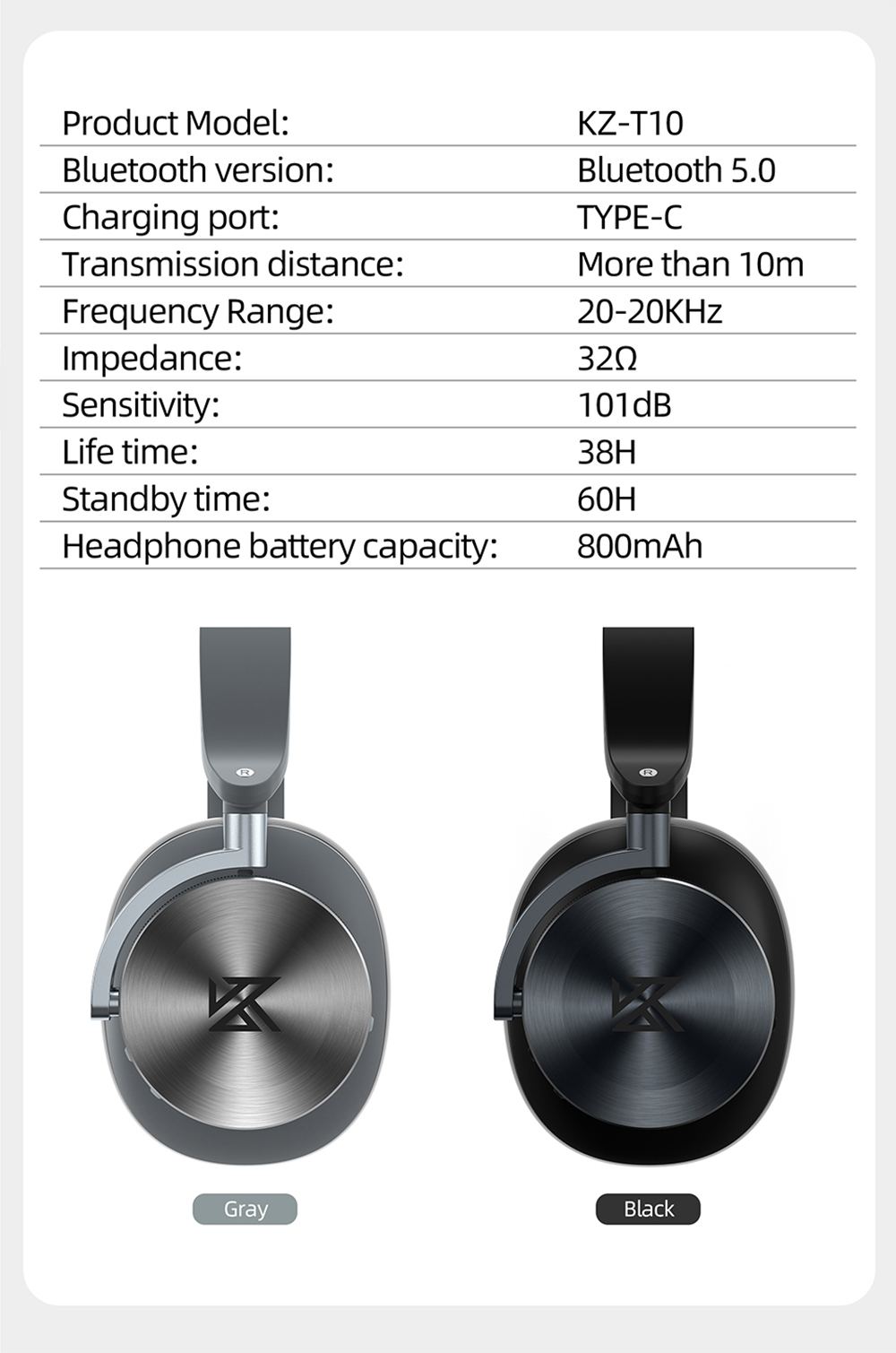KZ T10 ANC Double-Fed Active Noise Cancellation Wireless Headphones Bluetooth 5.0 with Mic Music Headset - Black