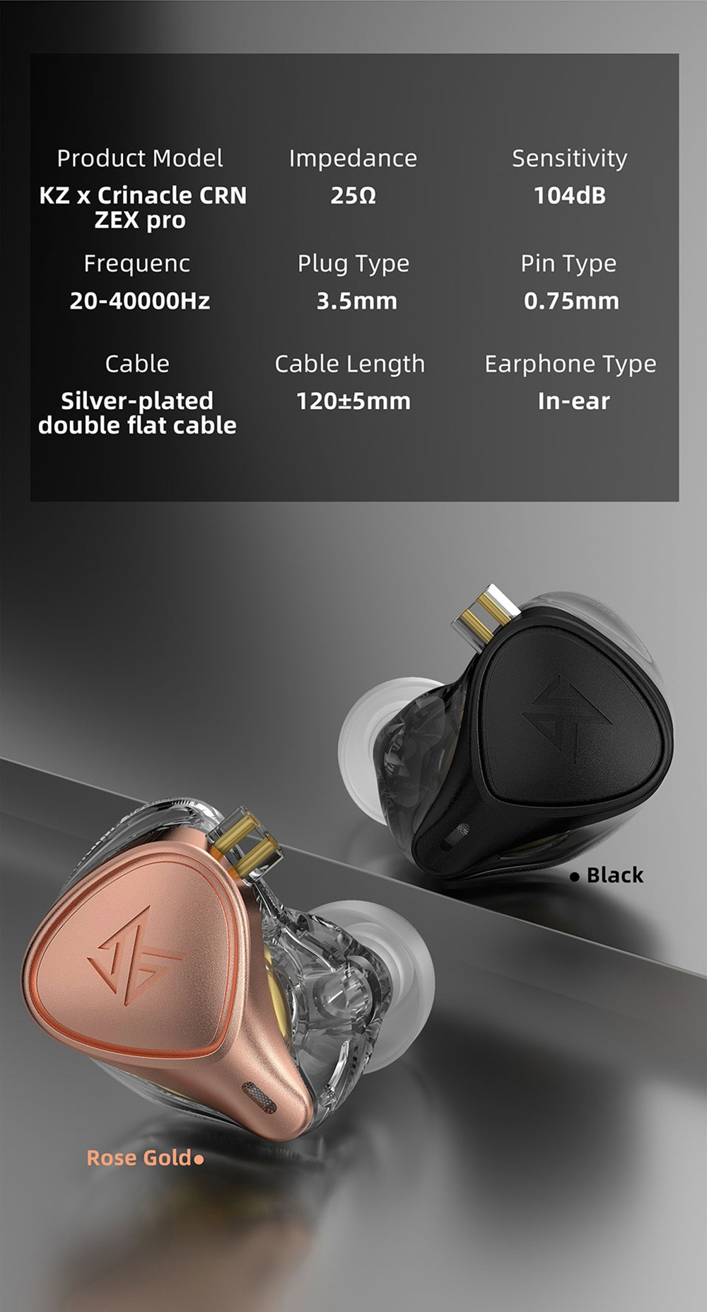 KZ ZEX Pro Wired Earphones In-Ear Electrostatic Dynamic&Balanced Detachable Cable Earphone Noise Cancelling - Black