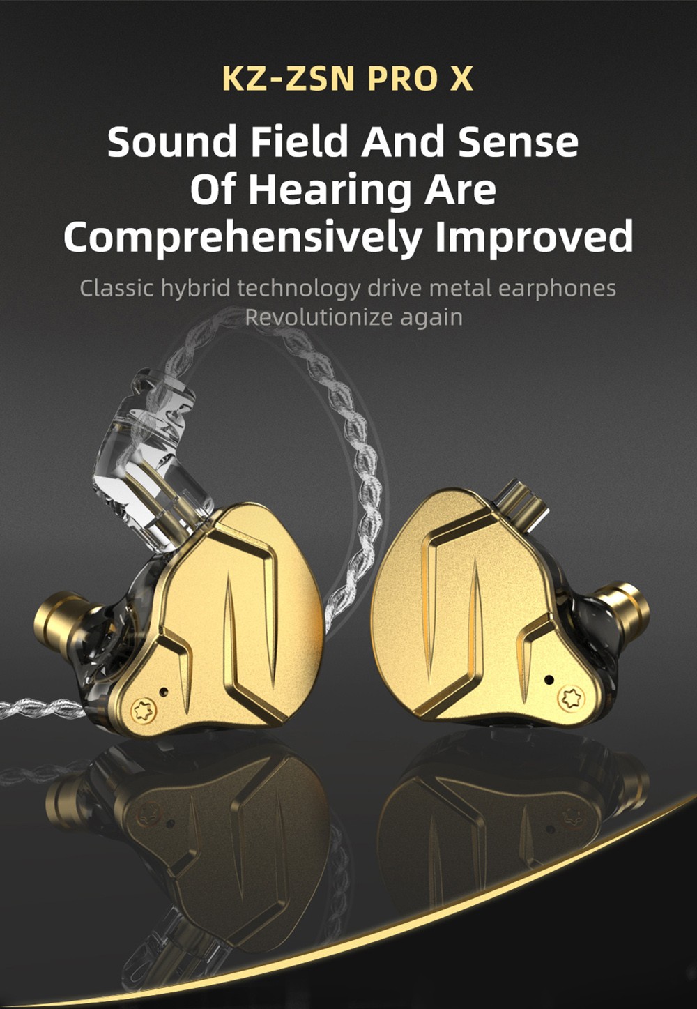 KZ ZSN Pro X Metal Earphones 1BA+1DD Hybrid technology HiFi Bass Earbuds with Mic- Golden