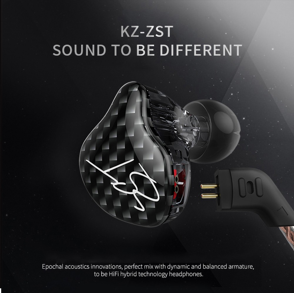 KZ ZST Wired Earphone Hybrid Technology In-ear Sport Bass Noise Cancelling Headset with Mic- Black