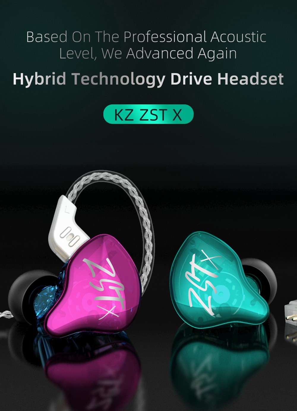 KZ ZST X Hybrid Unit In-Ear Earphones with Silver-plated Cable with Mic - Cyan
