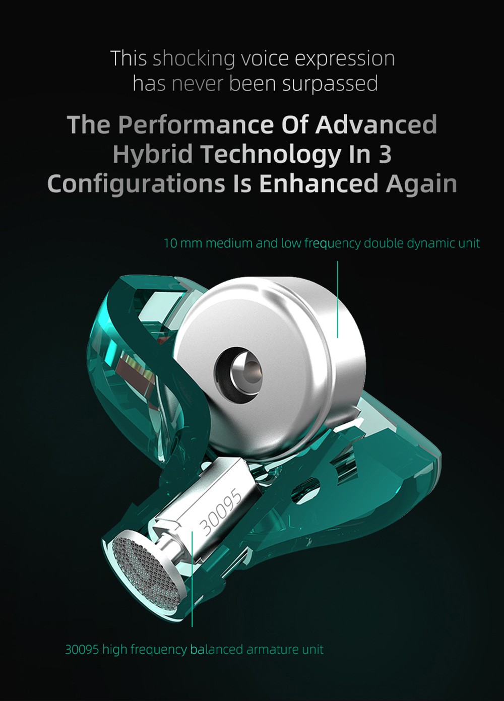 KZ ZST X Hybrid Unit In-Ear Earphones with Silver-plated Cable with Mic - Cyan