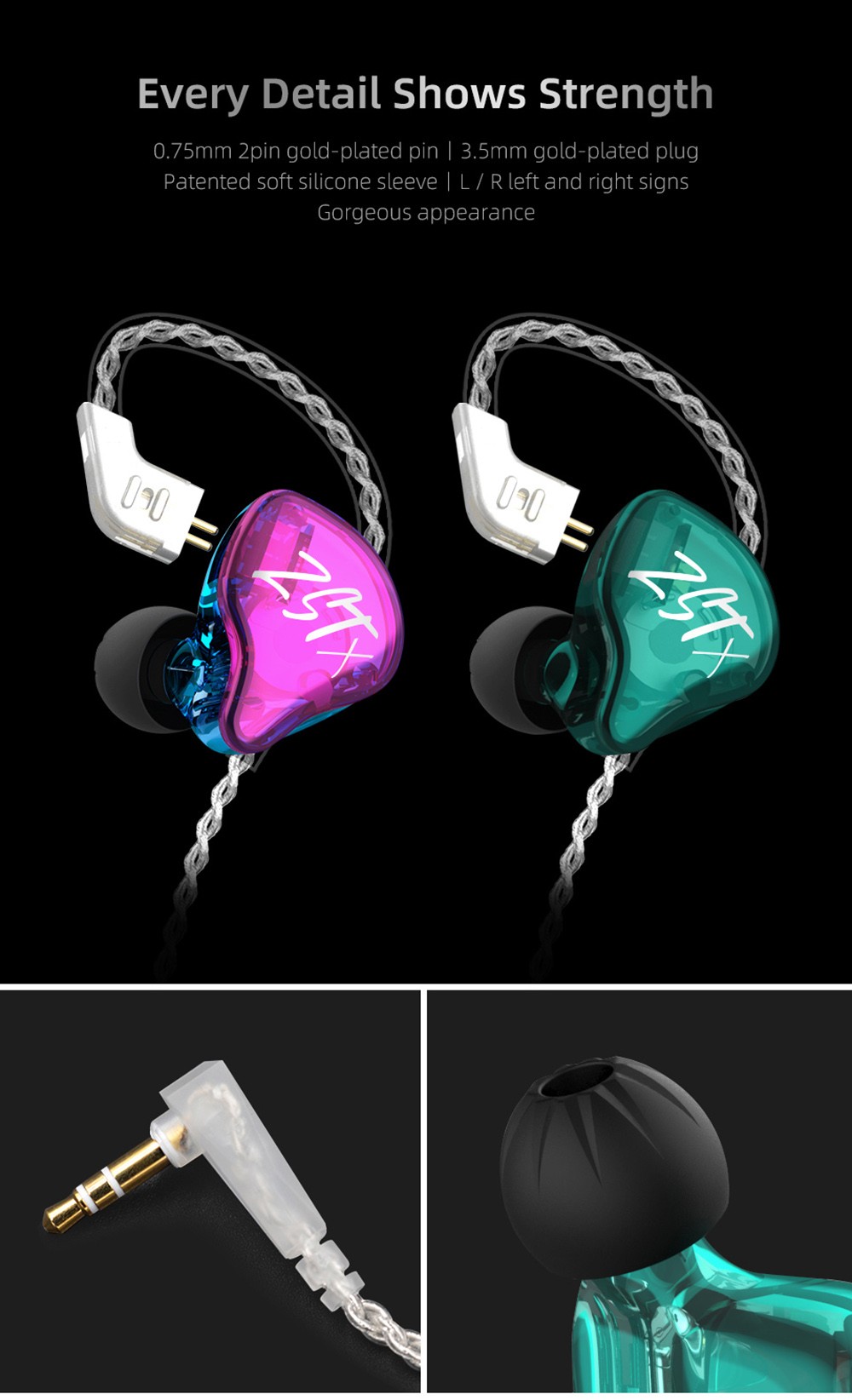 KZ ZST X Hybrid Unit In-Ear Earphones with Silver-plated Cable with Mic - Cyan