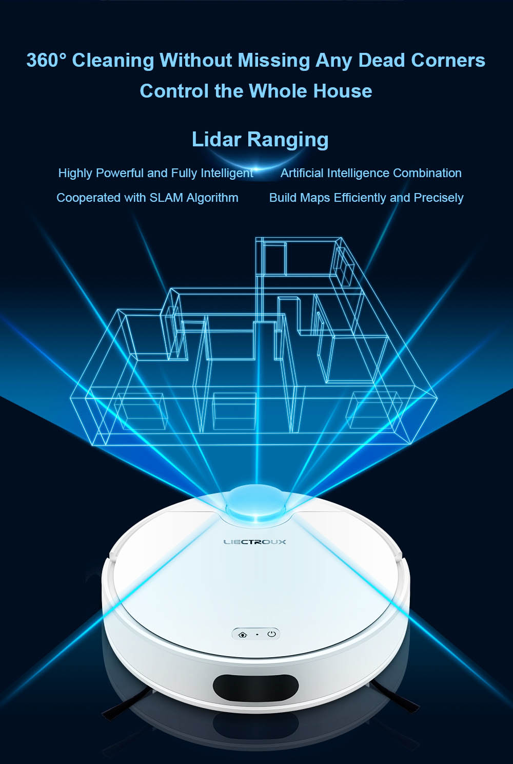 LIECTROUX ZK901 Robot Vacuum Cleaner 3 In 1 Vacuuming Sweeping and Mopping Laser Navigation 6500Pa Suction 5000mAh Battery Voice Control Breakpoint Resume Clean & Mapping APP Control - White