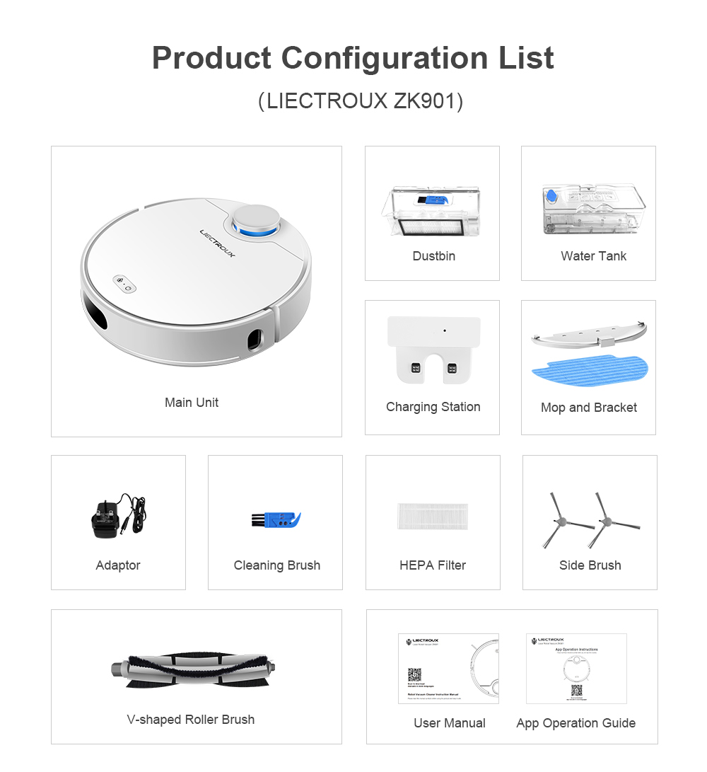 LIECTROUX ZK901 Robot Vacuum Cleaner 3 In 1 Vacuuming Sweeping and Mopping Laser Navigation 6500Pa Suction 5000mAh Battery Voice Control Breakpoint Resume Clean & Mapping APP Control - White