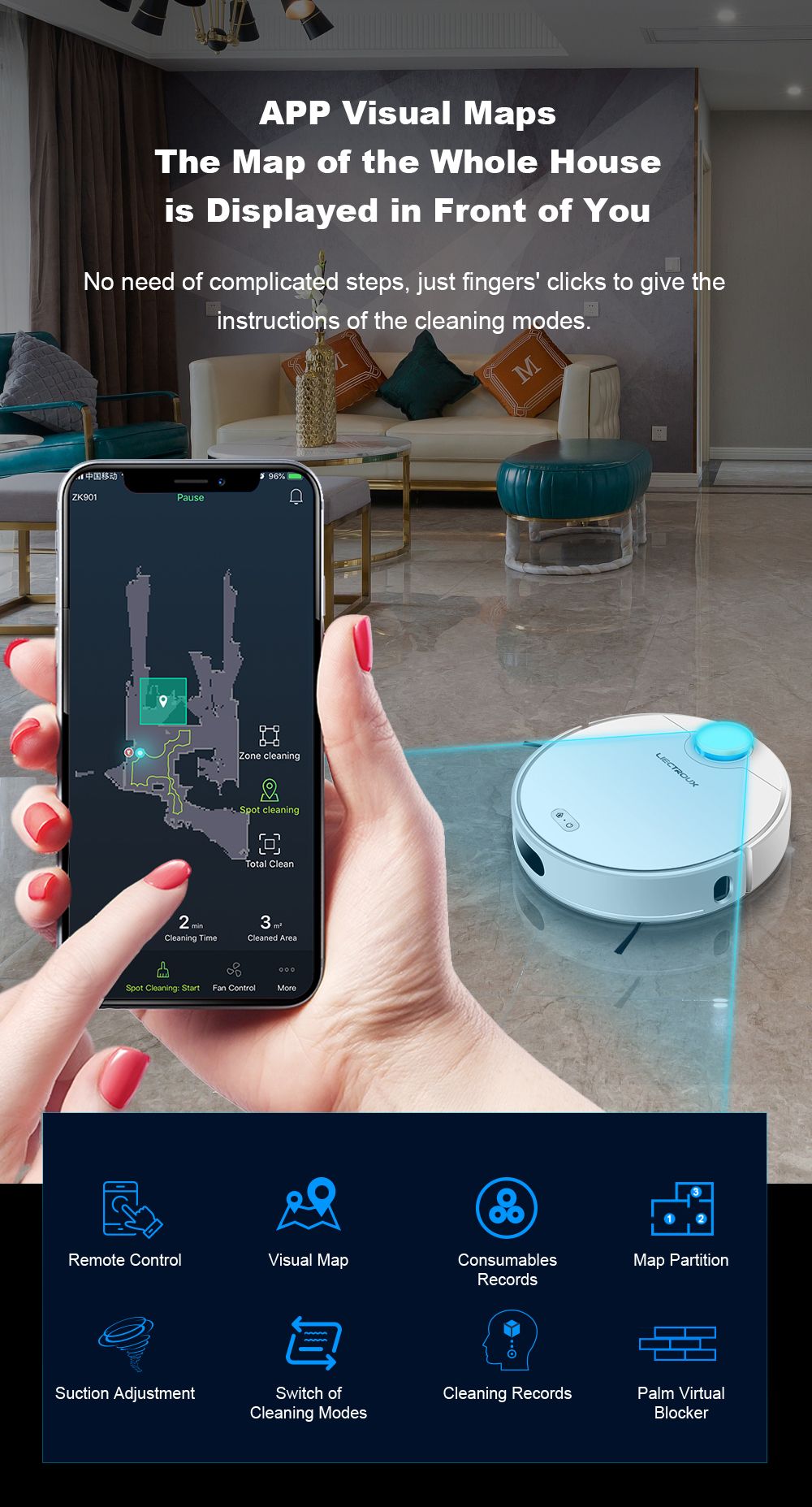 LIECTROUX ZK901 Robot Vacuum Cleaner 3 In 1 Vacuuming Sweeping and Mopping Laser Navigation 6500Pa Suction 5000mAh Battery Voice Control Breakpoint Resume Clean & Mapping APP Control - White