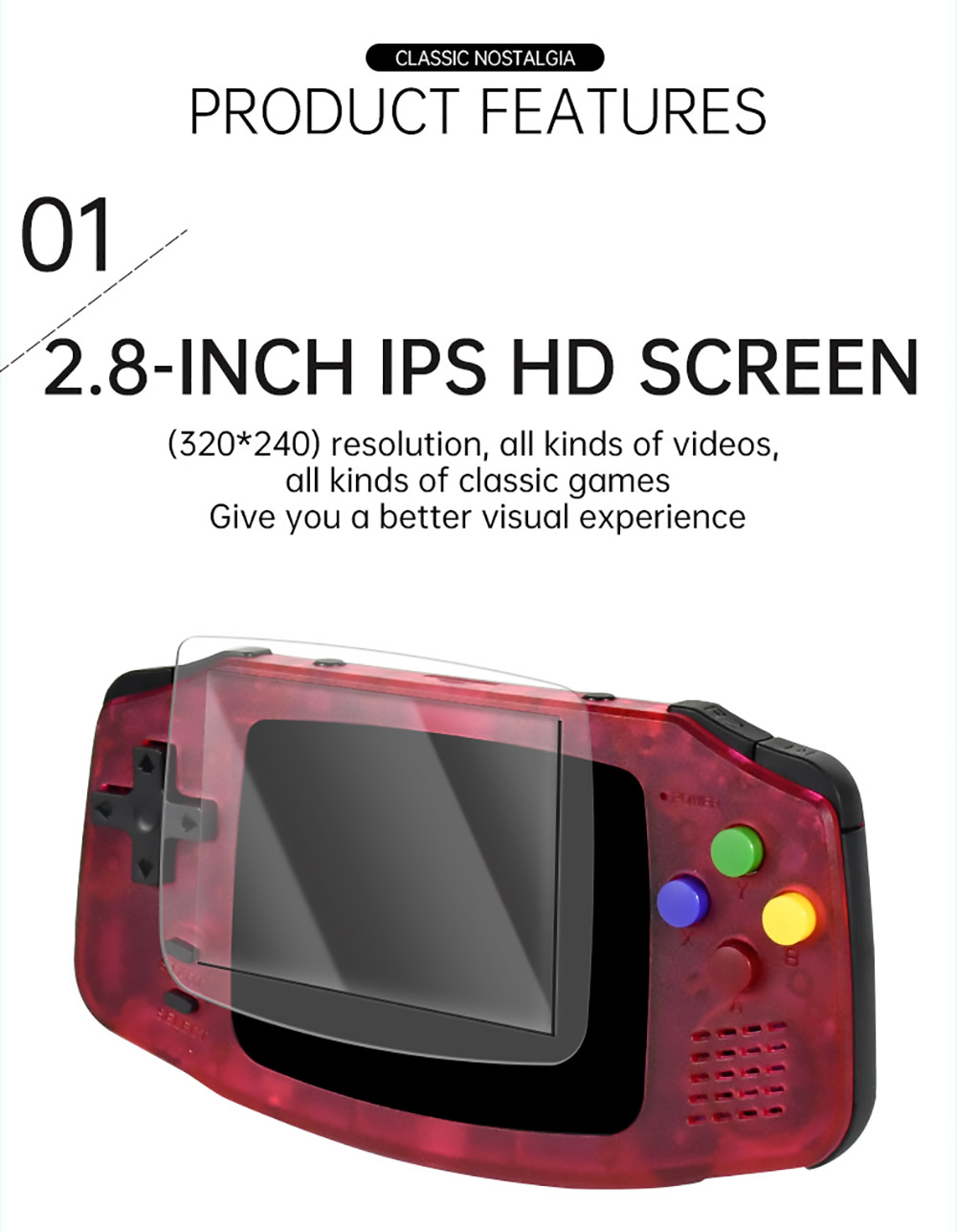 Powkiddy A30 Retro Handheld Game Console 2.8 Inch IPS HD Screen 1200mA 32GB Built-In 4000 Games Supports Adding ROM Red