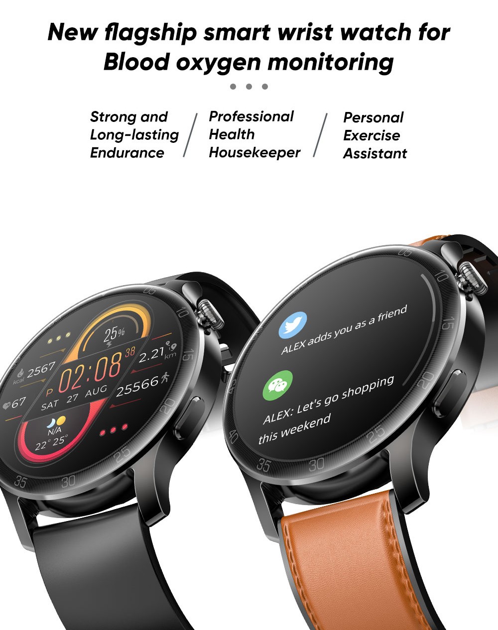 SENBONO Max2 Smartwatch for Men Touch Screen 24 Sports Modes Waterproof Fitness Tracker for iOS Android Brwon Leather