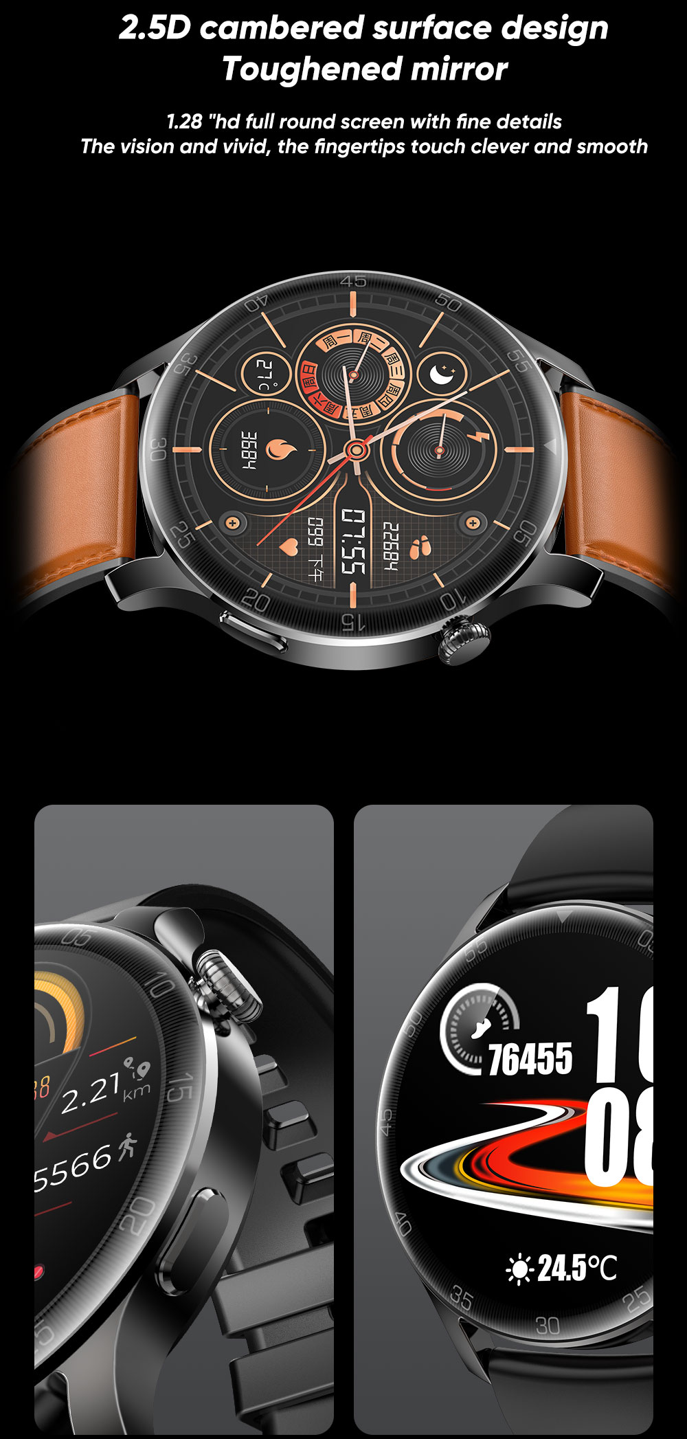 SENBONO Max2 Smartwatch for Men Touch Screen 24 Sports Modes Waterproof Fitness Tracker for iOS Android Brwon Leather