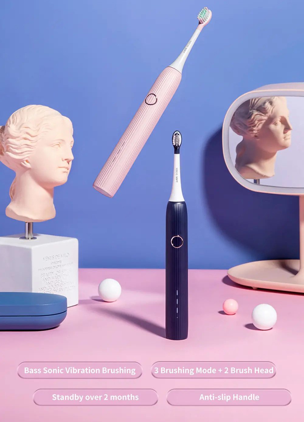 Soocas V1 Sonic Whitening Electric Toothbrush Portable USB Type-C Charging with 2 Brush Head - Pink