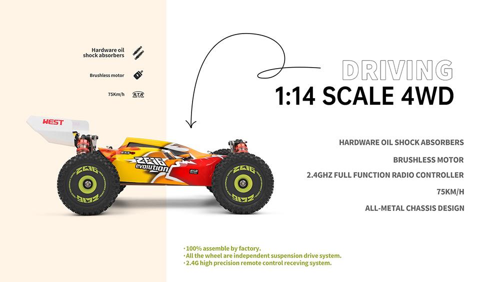 Wltoys 144010 1/14 2.4G 4WD High Speed Racing Brushless RC Vehicle Models 75km/h with 2 Batteries