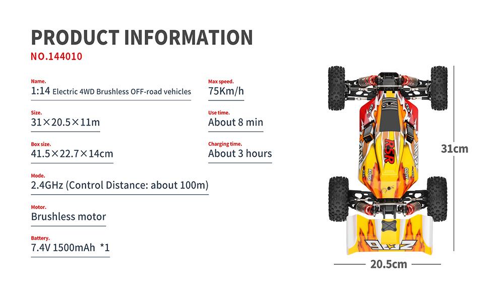 Wltoys 144010 1/14 2.4G 4WD High Speed Racing Brushless RC Vehicle Models 75km/h with 2 Batteries