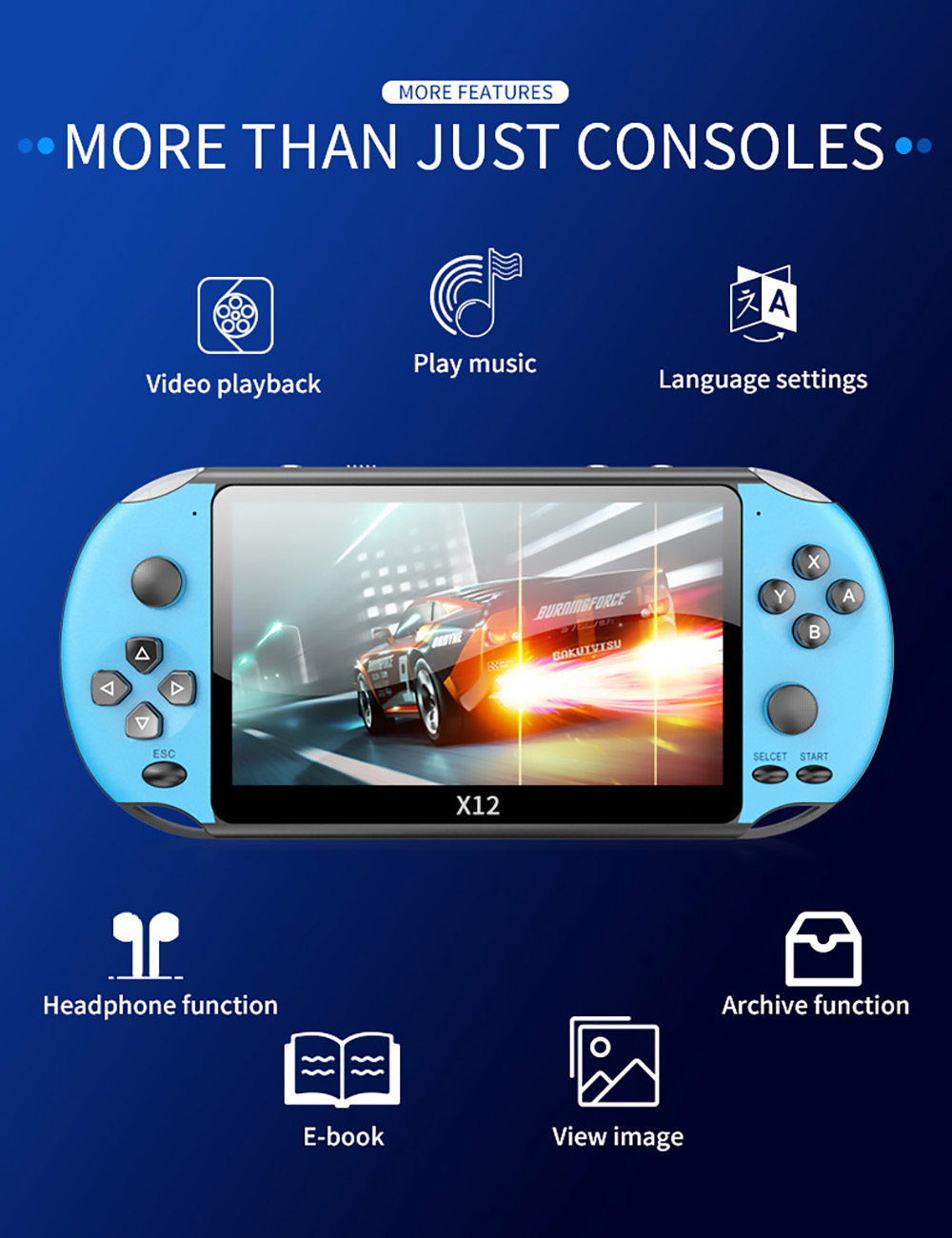 Powkiddy X12 Retro Handheld Game Console 5.1 inch IPS Screen Built-in 8GB Storage - Blue