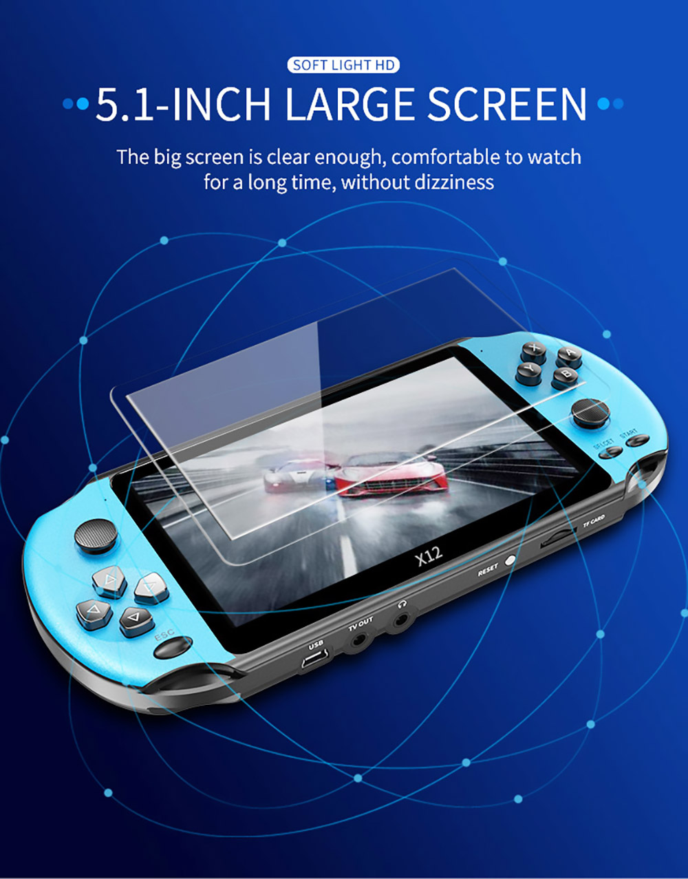 Powkiddy X12 Retro Handheld Game Console 5.1 inch IPS Screen Built-in 8GB Storage - Blue